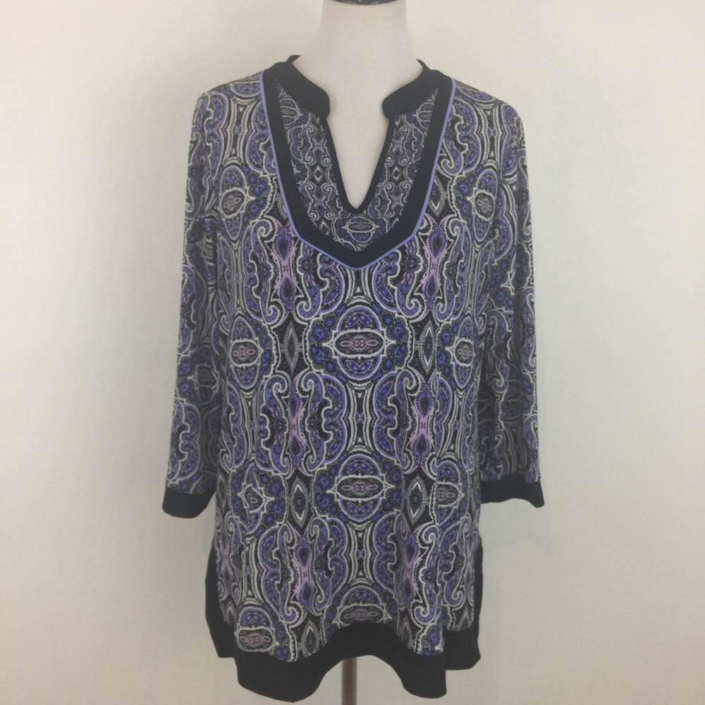 Dana Buchman Tunic Top Black Purple Boho Paisley